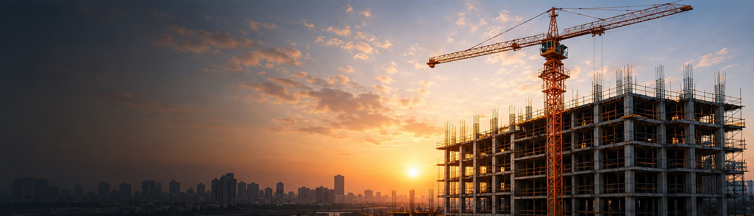 Tower crane at an active construction site at sunset